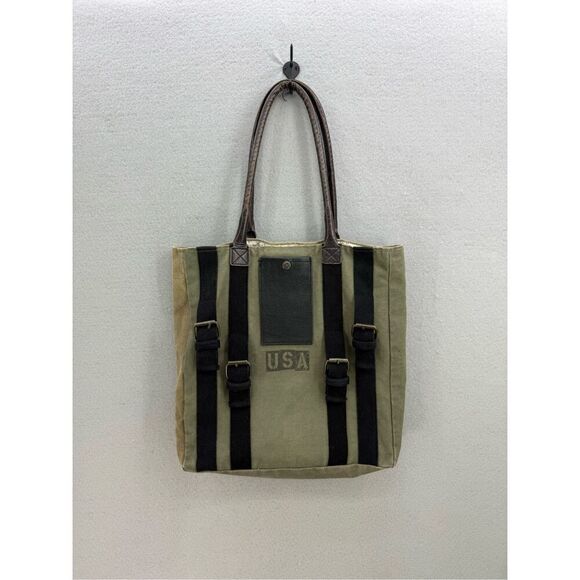 Mona B Womens Khaki Green Leather Upcycled Strapped Canvas USA Tote Bag - Picture 1 of 11